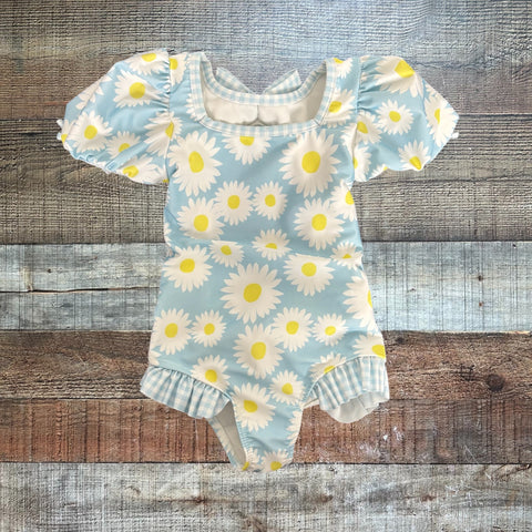 Sal & Pimenta Light Blue/White Flower Print Swimsuit - Size 3T