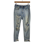 American Eagle Outfitters Light Wash Distressed Ripped Leg Hi-Rise Tomgirl Jeans- Size 00 Short (see notes, Inseam 24”)