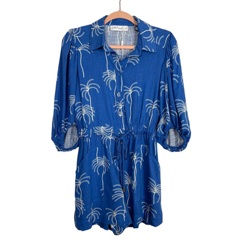 Petal + Pup Blue Printed Linen Blend Drawstring Romper NWT- Size S