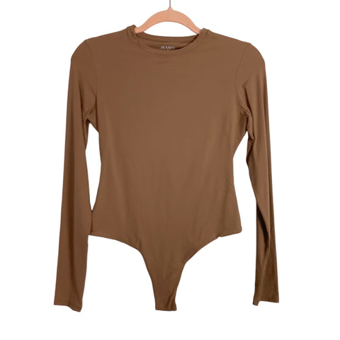 Pumiey Mocha Crew Neck Long Sleeve Bodysuit- Size M