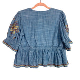 Free People Chambray Embroidered Printed Top- Size S