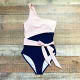 M Navy and Pink Ribbed Padded Belted One Shoulder Swimsuit- Size S