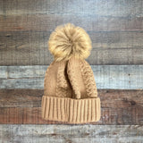 No Brand Kid's Brown Cable Knit Faux Fur Pom Pom Beanie Hat