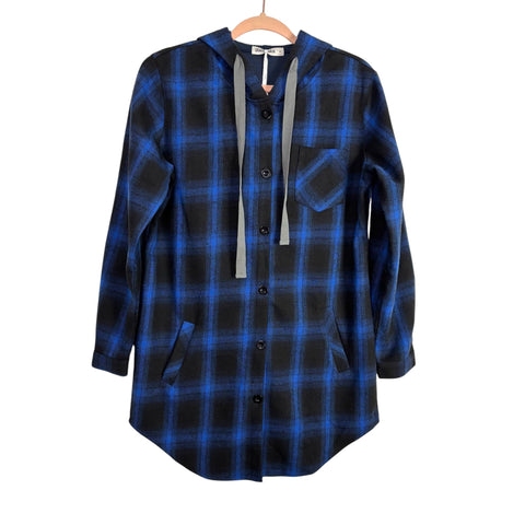 Grace Karin Blue/Black Plaid Flannel Hooded Shacket NWT- Size S