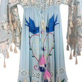 Fillyboo Blue Embroidered Eyelet Fringe Split Sleeve Dress- Size XS
