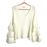 Shop the Mint V-Neck Cream Fringe Sleeve Sweater- Size S