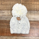 New Directions Ivory/Silver Metallic Chunky Knit Pom Beanie NWT