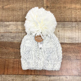 New Directions Ivory/Silver Metallic Chunky Knit Pom Beanie NWT