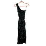 Grace Karin Black with Green Sequins One Shoulder with Tie Belt and Side Ruching Dress NWT- Size S