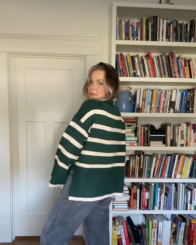 Entro Green and Cream Striped Wide Sleeve Sweater- Size S