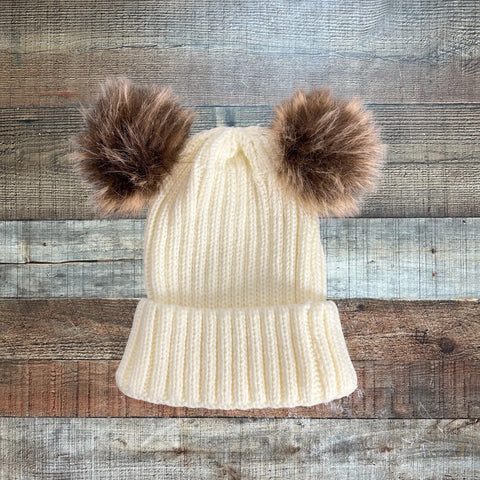No Brand Cream/Double Brown Pom Kids Hat
