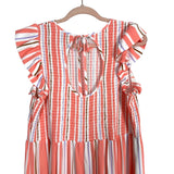 A New Day Coral/Brown/Purple Striped Smocked Ruffle Sleeve with Back Cut Out Dress- Size L (sold out online)