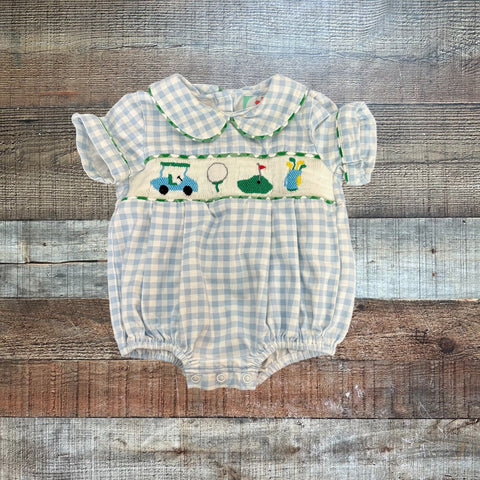 The Smocked Flamingo Light Blue Gingham Golf Bubble - Size 3M (See Notes)