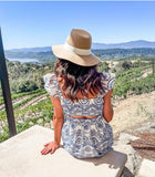 Goodnight Macaroon Cream and Blue Partially Lined Eyelet Back Cutout Dress- Size M (see notes)