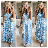 Grace Karin White/Blue Floral Halter/Strapless with Removable Strap Smocked Dress- Size S