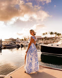 Luxxel White/Blue Tropical Palm Print Wrap Maxi Dress- Size S