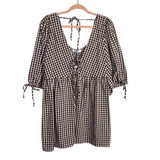 Showpo. Brown and White Check Tie Front Puff Sleeve Mini Dress NWT- Size 4