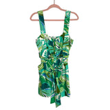 Dress Forum Green Tropical Print Linen with Tie Belt Front Button Romper NWT- Size S (sold out online)