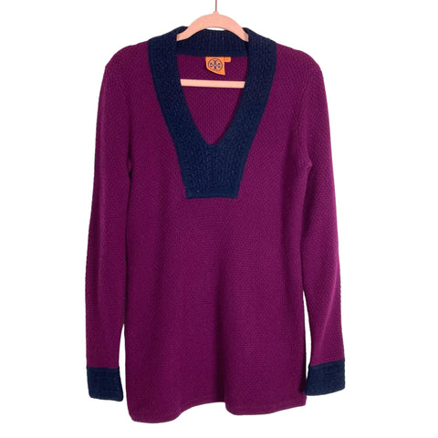 Tory Burch Wine and Navy V-Neck 100% Cashmere Sweater- Size M