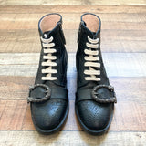 Authentic Pre-Owned Gucci Black Leather Buckled Lace Up Boots- Size 36