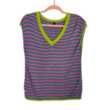No Brand Pink/Blue Striped with Green Trim Open Knit Top- Size S