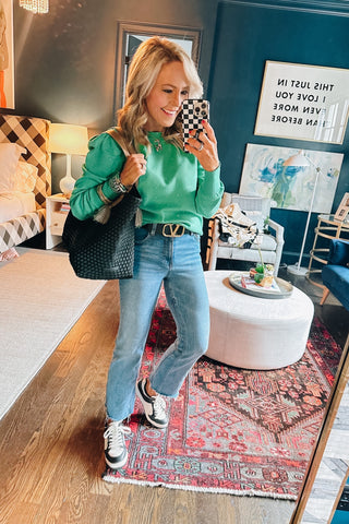 Vine & Love Green Rhinestone Puff Sleeve Katerina Sweater- Size S