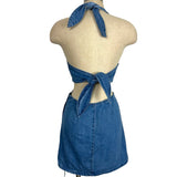 Show Me Your Mumu Denim Side Cutout Back Tie Halter Dress- Size S
