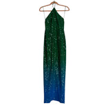 Sau Lee Green/Blue Ombre Sequin with Back Slit Jasmin Halter Dress NWT- Size 4