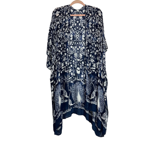 Macchia di Ruggine Navy Floral/Peacock Print Kimono- One Size