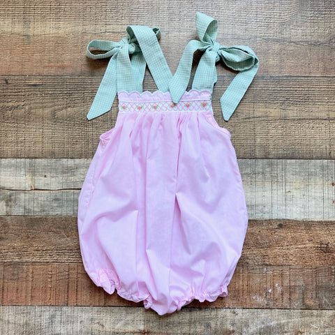 The Smocking Place Pink Bubble with Green Checkered Shoulder Tie Straps- Size 3T
