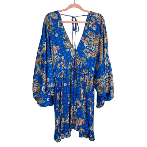 Free People Blue Printed Deep V Front and Back Tie Satin Dress- Size M (sold out online)
