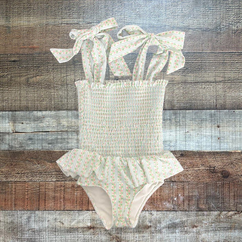 Cecil And Lou White Floral Print Smocked Swimsuit - Size 2T