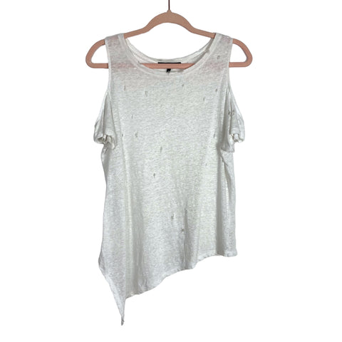 Generation Love White Distressed Knit Cold Shoulder Asymmetric Top- Size XS