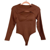 No Brand (Omkagi) Brown Ribbed Front Cutout Padded Bodysuit- Size M