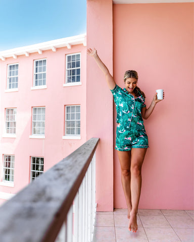 Judith March Green/Pink Palmetto Leaf Print Button Up Pajama Top- Size M (sold out online, we have matching shorts)