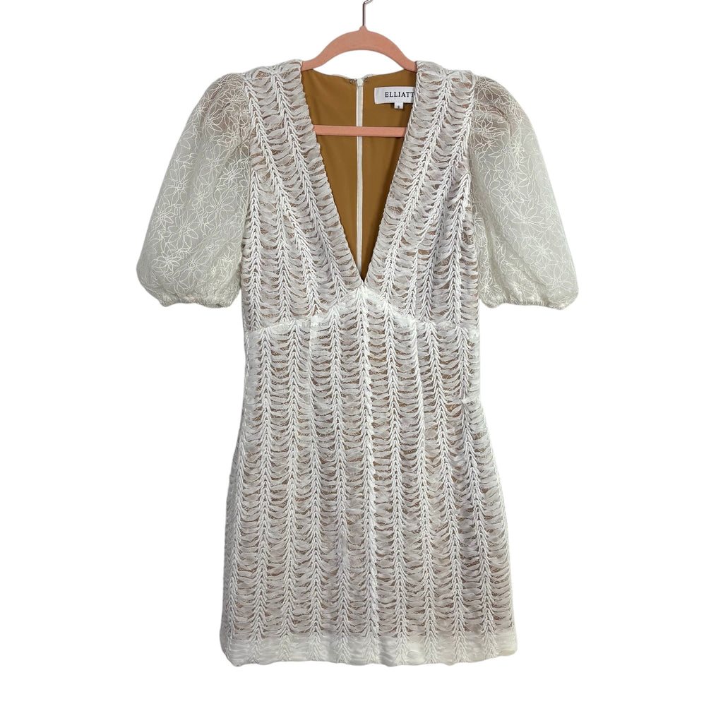 ELLIATT White Nude Lined V-Neck Lace Puff Sleeve Dress- Size S ELLIATT White Nude Lined V-Neck Lace Puff Sleeve Dress- Size S