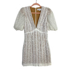 ELLIATT White Nude Lined V-Neck Lace Puff Sleeve Dress- Size S