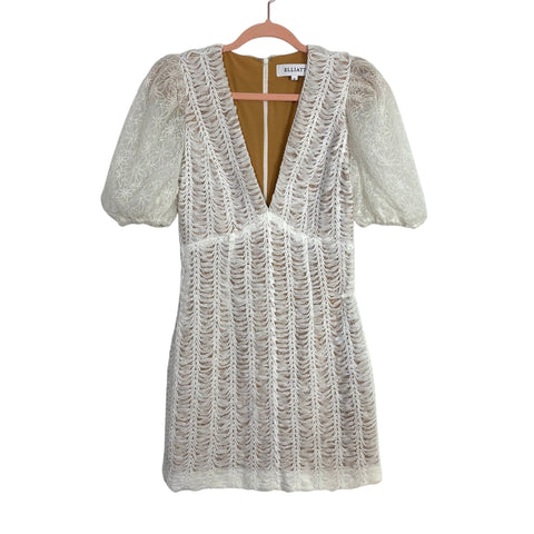 ELLIATT White Nude Lined V-Neck Lace Puff Sleeve Dress- Size S