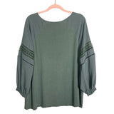 Loft Olive with Open Crochet Detail on Sleeves Top- Size L (see notes)