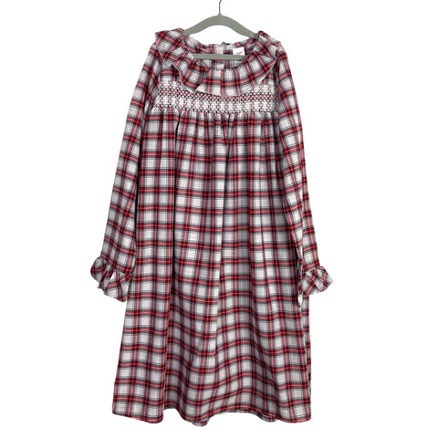 Janie and Jack Red/Green/White Plaid with Ruffle Neckline Smocked Dress- Size 8