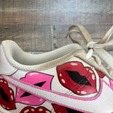 Pre-Owned Nike Air Force 1 White Lipstick Kiss Design Sneakers with Red and Pink Laces- Size 6Y (see notes)