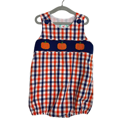 The Smocked Flamingo Blue/Orange/White Plaid Pumpkin Outfit - Size 2T