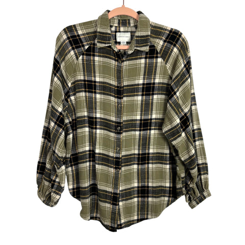 American Eagle Black/White/Yellow/Tan Plaid Shirt - Size S