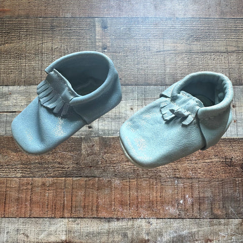 Freshly Picked Sparkly Light Blue Leather Moccasins- Size 3 (see notes)