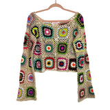 Pink Lily Beige Multi-Color Crochet Off the Shoulder Keep On Dreaming Sweater- Size S