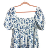 No Brand White/Navy Floral Print Puff Sleeves with Front Tie and Front Slit Maxi Dress- Size XL
