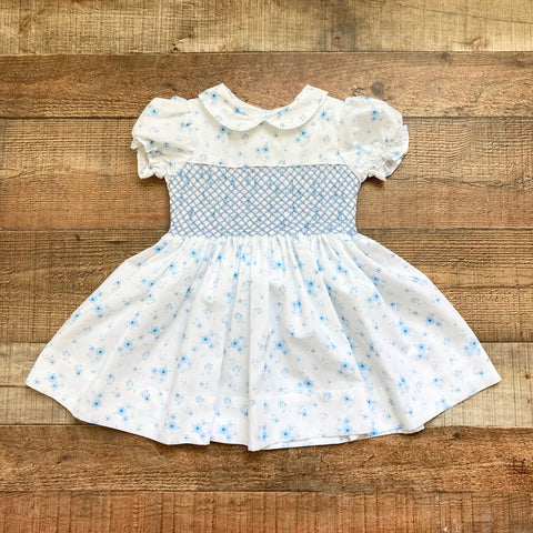 Cecil and Lou White with Blue Floral Print and Back Bow Smocked Collared Dress- Size 2T