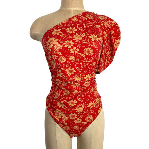 Intimately Free People Red Floral Print One Shoulder Bodysuit - Size S