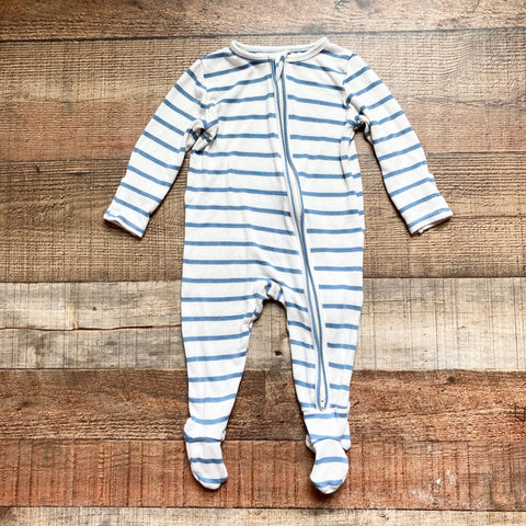 Angel Dear Cream/Blue Striped Ribbed Zip Up Footie Outfit- Size ~3-6M (see notes, no size tag, fits like a 3-6M)