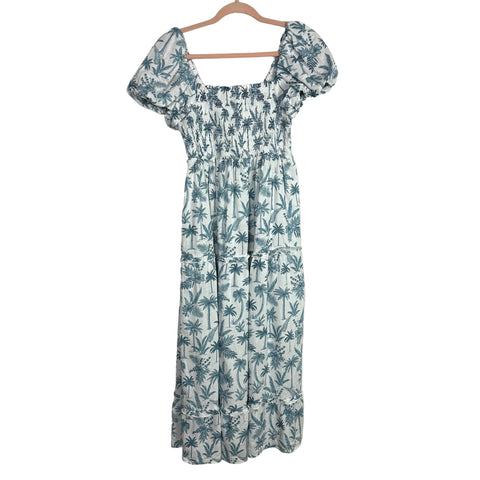 Show Me Your Mumu White and Blue Floral/Palm Tree Print Smocked Bodice Dress- Size M